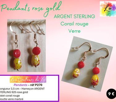 Boucles pendants rose gold Corail rouge verre marbré Les Couleurs de Lo