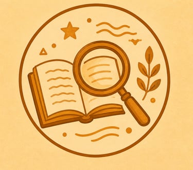 Vintage circular illustration of an open book and magnifying glass for research and discovery.
