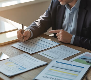Professional businessman in a suit signing legal documents and insurance forms on a wooden desk.