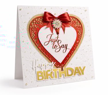 Elegant handmade happy birthday card with red heart, pearls, and a satin bow.