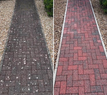 Cleaned block paved path in Lincoln. After pressure washing, weed & moss removal, finally treated