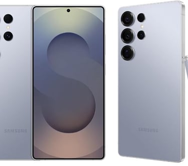 Samsung Galaxy S24 Ultra in titanium violet with S Pen and quad camera system.