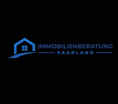 Blue real estate logo for Immobilienberatung Saarland featuring a house icon on a black background.
