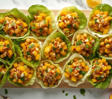 Chickpea and mango lettuce wraps, garnished with cilantro and almonds, presented beautifully on a wooden board.
