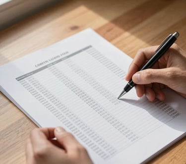 Close-up of hands holding a printed cash flow statement on a wooden desk, pen resting diagonally across the page, natural side-window daylight casting soft shadows, no props beyond the document
