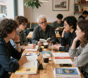 Participants engaged in a creative writing workshop, pens and notebooks in hand, surrounded by inspiring books.