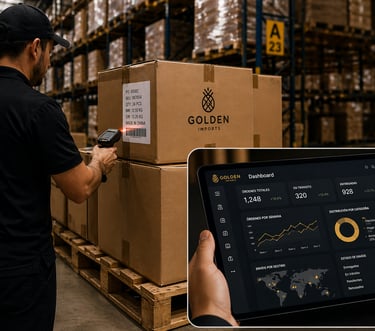 Warehouse worker using a handheld scanner for inventory management with a digital logistics dashboard.
