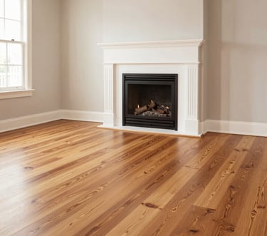 Living room featuring wide plank pine hardwood floors and a white fireplace mantel.