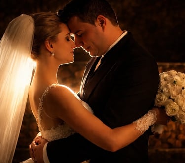 Casal se abraçando na frente daluz dourada