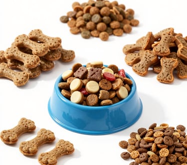 Image of different dog treats and dog food
