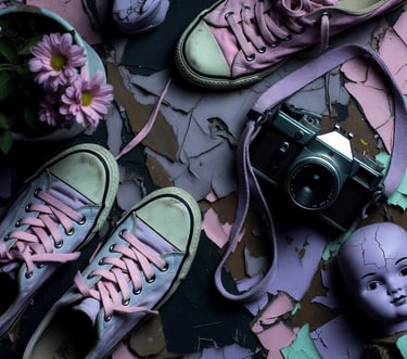 weirdcore pastel grunge sneakers, doll head and camera on a table