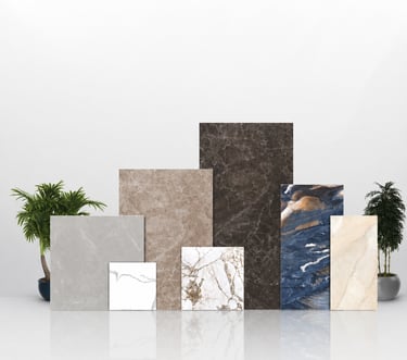 A collection of luxury marble and porcelain floor tiles in various colors and textures for interior design.