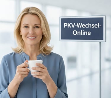 Smiling woman holding a coffee cup next to a PKV-Wechsel-Online sign for private health insurance.