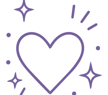 Purple outline illustration of a shopping bag with a heart on the front, sparkling on a black background.