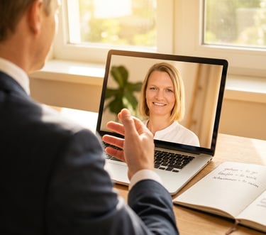 Online-Deutschunterricht: Mann spricht per Videoanruf mit Deutschlehrerin Natascha