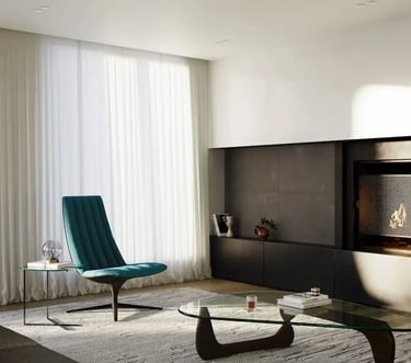 Diseño Interior Moderno y minimalista. Contemporáneo. Sillón azul.