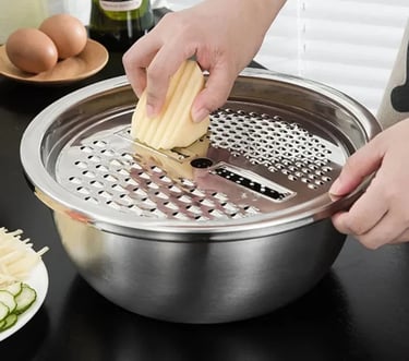Tigela Inox 4 Em 1 Ralador Fatiador Bacia Legumes Queijo Manual 26cm Cozinha Prática Tampa Ralador