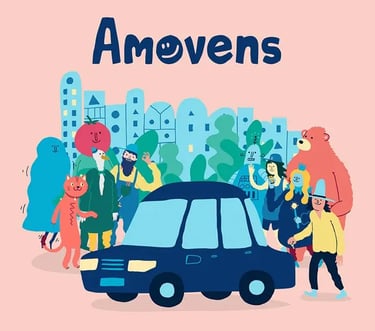 Amovens carsharing illustration featuring colorful characters and a car in front of a city skyline.