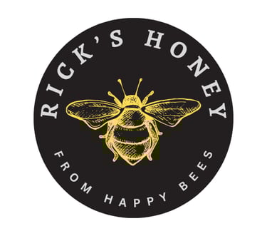 circular retro logo for Rick's Honey with a golden bee in the center of the circle