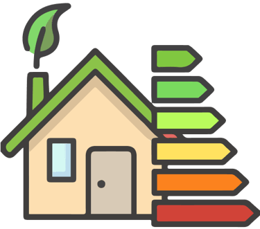 a house with a green roof and a house with arrows pointing to the house