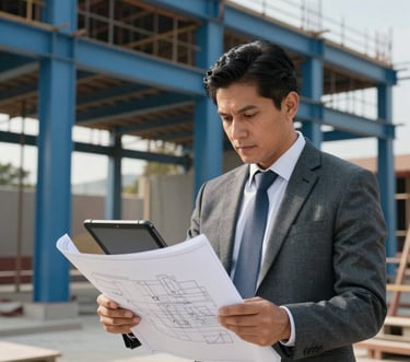 An architect in professional attire looking at blueprints on a digital tablet at an active construction site. Soft daylight highlights the dark slate and steel blue structure in the background. Latin American / Spanish setting.