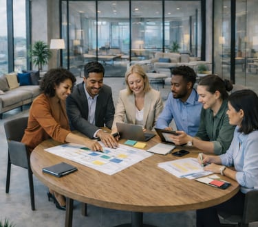 Equipe e gestores em reunião estratégica para estruturar gestão e gerar resultados suste