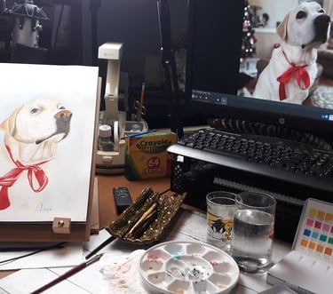 commissioned pet portrait of a Yellow Labrador Retriever