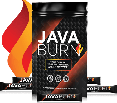 Java Burn metabolism booster dietary supplement packets and pouch with a flame graphic background.