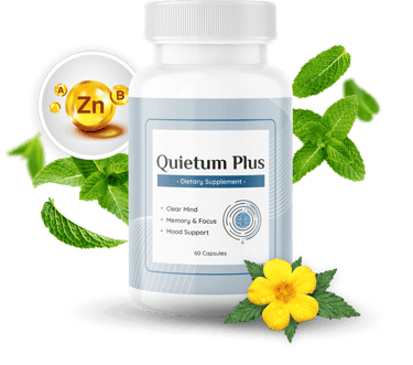 Quietum Plus dietary supplement bottle for ear health with zinc, vitamins, and mint leaves.