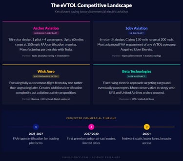 Overview of eVTOL companies including Archer Joby Wisk Beta with timeline
