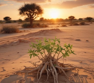 planta crescendo a partir das raízes de uma árvore no deserto