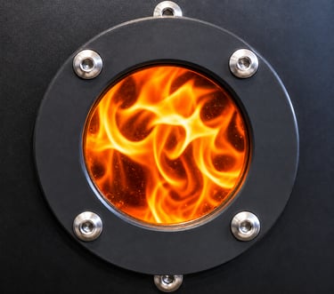 Close-up of bright orange fire a circular tempered glass industrial pyrolysis window.