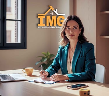 Asesora de reformas en Madrid toma notas en su escritorio con libreta, móvil y cinta métrica.