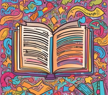 An open hardcover book with white fluttering pages, a 3D illustration of reading and literature.
