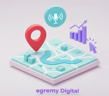 Mapa isométrico 3D con marcador de ubicación rojo, icono de micrófono, gráfico de barras ascendentes y cursor, marca Egremy D