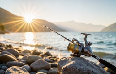 molinete para pesca de corvina com prata sobre uma pedra e ao fundo um lago com o por do sol.