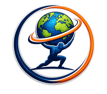 A blue Atlas figure holding a globe inside a circular orange and blue ring logo.