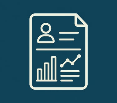Minimalist document icon showing a user profile with data analytics charts and bar graphs.