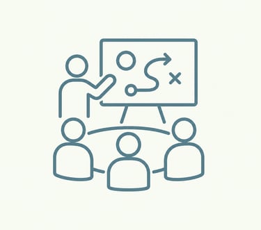 A minimalist blue line icon depicting a business leader presenting a strategic roadmap to a team.