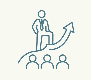 Business leader line icon showing professional growth and team success with a rising arrow.