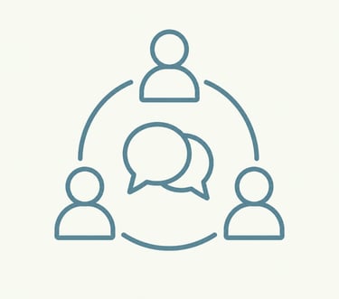 Minimalist blue line icon of three people in a circle with speech bubbles symbolizing team collaboration.