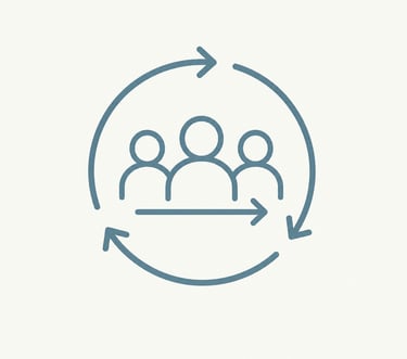 Minimalist blue line icon of three people inside a circular arrow representing team workflow and collaboration.