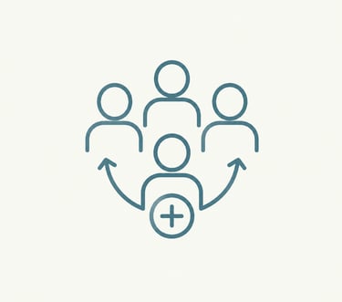 Minimalist line icon showing a referral program concept with people symbols and a plus sign.