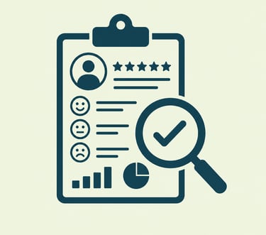 Customer feedback report icon showing survey results, star ratings, and data analytics on a clipboard.