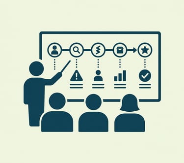 A business icon showing a presenter teaching a workflow strategy to an audience with data visualization icons.
