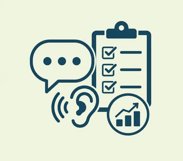 Business communication icons showing a checklist, ear for listening, speech bubble, and growth chart.