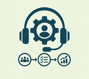 Customer support icon featuring a headset, gear, and symbols for user team management and growth analytics.