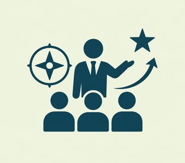 A business leadership icon showing a mentor guiding a team toward success with a compass and star.