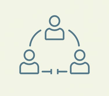Minimalist blue line icon of three people connected in a circle representing teamwork and collaboration.