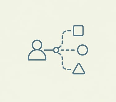 Minimalist line icon showing a person connected to square, circle, and triangle shapes representing diverse data categories.